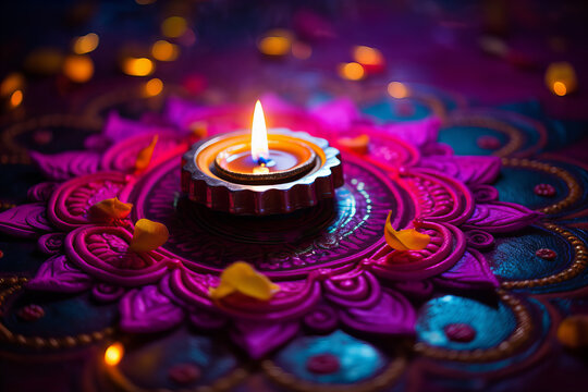 A Diwali Diya Lamp in the center of vibrant color Rangoli Design, magenta bokeh background