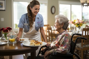 Caregiver helping a senior woman with her meal at nursery home - obrazy, fototapety, plakaty