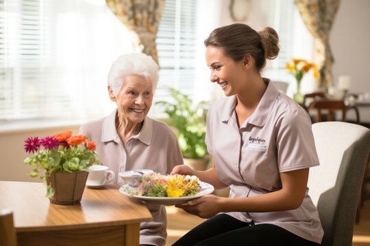 Caregiver helping a senior woman with her meal  in a retirement home