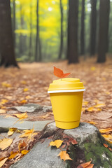 Yellow plastic cup of coffee in the autumn forest with fallen leaves.