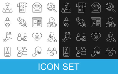 Set line Complicated relationship, Informal greeting, Friends forever, Envelope with Valentine heart, BFF best friends, Add to, Project team base and Dating app online icon. Vector