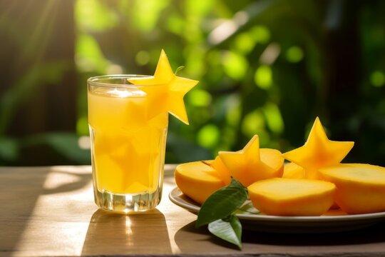 Morning light shines on a freshly squeezed starfruit juice on a vintage wooden table