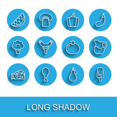 Set line Cheese, Chicken leg, Watermelon, Pear, Ice cream, Sausage the fork, Jug glass with milk and Tomato icon. Vector