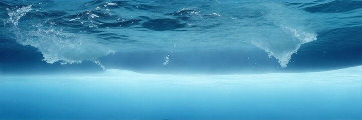 Naklejka premium Underwater view with clear blue water. Splashes under the water banner.