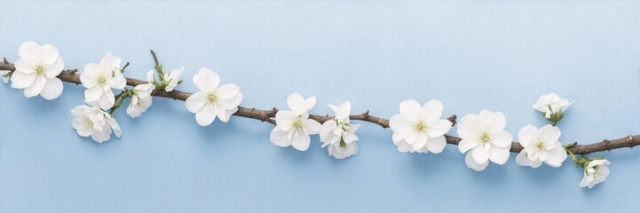 Twigs with white flowers on a blue background banner