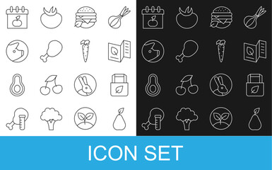 Set line Pear, Shopping bag with recycle, Vegetarian food menu, Vegan diet, Chicken leg, Pig, World day and Carrot icon. Vector