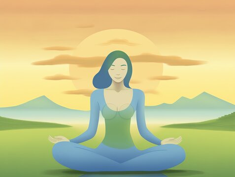 An illustration of a happy woman practicing yoga outdoors. Complete fusion with nature. Full pacification. Freedom. Smiling delighted woman practicing meditation. Zen. Vibes. Peace