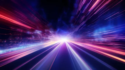 Deurstickers high speed technology concept background, light abstract background. Image of speed motion on the road. Abstract background in blue and purple neon glow colors © Joshua