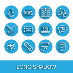 Set line Diamond, Skateboard, ring, Money gun, Plastic bag of drug, Concert ticket, Yo slang lettering and Sound or audio recorder icon. Vector