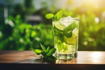 A chilled glass of Iced Matcha Tea with mint accents on an old-fashioned wooden table in a welcoming cafe