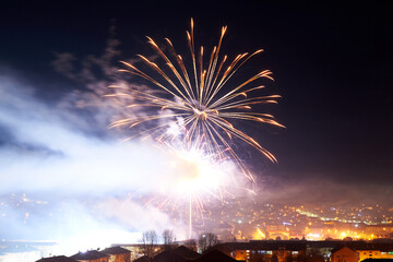 New Year's Eve fireworks over the city Hunedoara, Romania