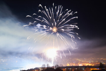 New Year's Eve fireworks over the city Hunedoara, Romania