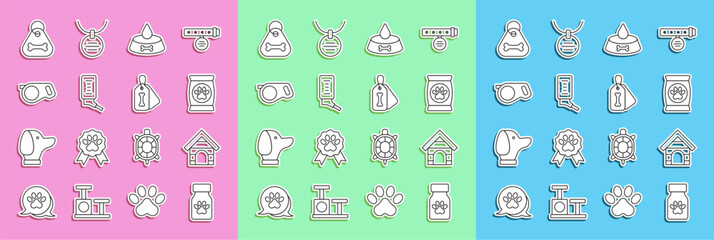 Set line Medicine bottle and pills, Dog house, Bag of food for pet, Pet bowl cat dog, Drinker small pets, Retractable cord leash, collar with bone and icon. Vector