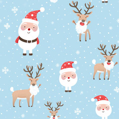 Seamless christmas pattern with drawings of reindeer and santa claus on a soft blue background. Winter holidays season cartoon character