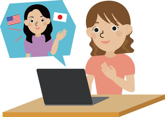 オンラインで日英のバイリンガルの先生と英会話をしている日本人女性