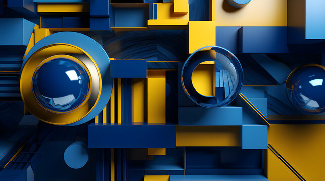 abstract background of 3D photorealistic gloss spheres and cuboid shapes in blue and yellow colors. Neural network generated image. Not based on any actual scene or pattern.