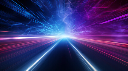 Fototapeta na wymiar high speed technology concept background, light abstract background. Image of speed motion on the road. Abstract background in blue and purple neon glow colors