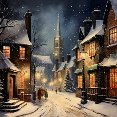 Fotobehang A Watercolor masterpiece a 1940s old town at Christmas with snow and bright lights © Nim
