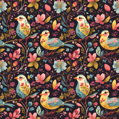 bird and flower theme seamless pattern, seamless pattern - generative ai