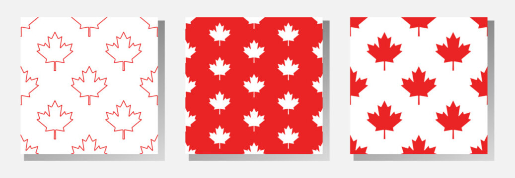 Canadian vector seamless patterns collection. Maple leaves in red and white colors. Best for textile, wallpapers, decoration, wrapping paper, package and your design.