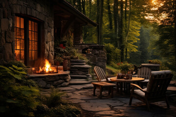 Fototapeta na wymiar Cafe in the forest at sunset. Wooden furniture, chairs and a fireplace