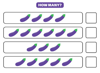 How many eggplant are there? Educational worksheet design for children. Counting game for kids.