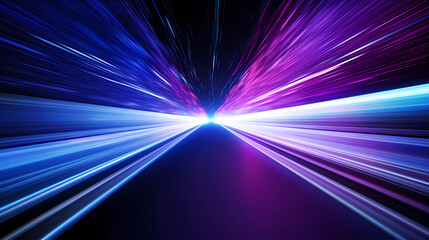 high speed technology concept background, light abstract background. Image of speed motion on the road. Abstract background in blue and purple neon glow colors - obrazy, fototapety, plakaty