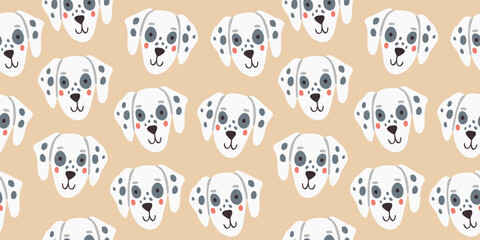 Vector seamless pattern with cute dalmatian dog faces. Dog pattern on beige background. Vector illustration