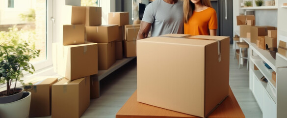 Couple, new home and moving in together with boxes investment or relocation.