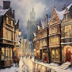 Fototapeta premium A Watercolor masterpiece a 1940s old town at Christmas with snow and bright lights