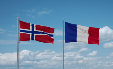 Norway and France flags, country relationship concept