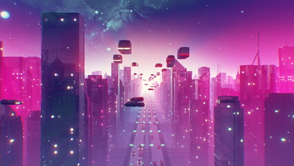 Futuristic cyberpunk city skyline flythrough. 3D render. Sci-fi megapolis with neon lights and flying car traffic. 80s retrowave background.