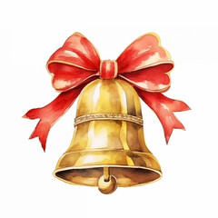 Golden bell Christmas holiday card decor on white background watercolor paint. Generated AI - obrazy, fototapety, plakaty
