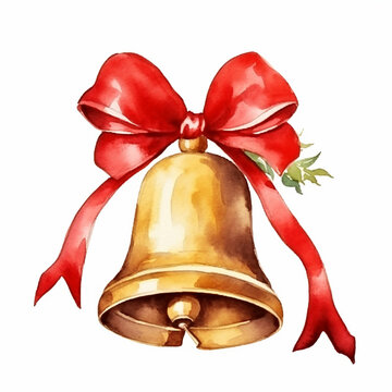 Golden bell Christmas holiday card decor on white background watercolor paint. Generated AI