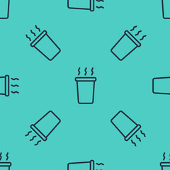 Black line Cup of tea icon isolated seamless pattern on green background. Vector