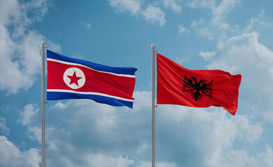 North Korea and Albania national flags, country relationship concept