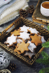 Christmas cinnamon cookies (spice-cake),  cup of coffee and New Year's decoration - 668700844
