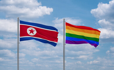 Gay Pride and North Korea flags, country relationship concept