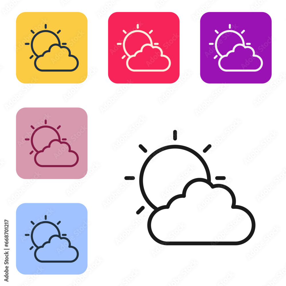 Poster black line sun and cloud weather icon isolated on white background. set icons in color square button