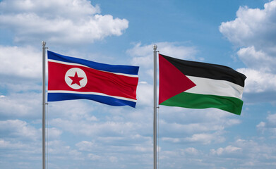 Palestine and North Korea flags, country relationship concept