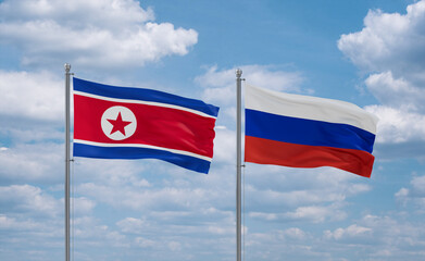 Russia and North Korea flags, country relationship concept