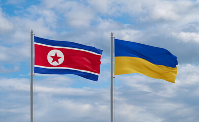 Ukraine and North Korea flags, country relationship concept