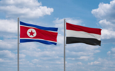 Yemen and North Korea flags, country relationship concept