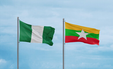 Myanmar Faso and Nigeria flags, country relationship concept