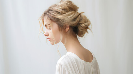 Messy dreamy low bun hairstyle for woman. Female hairstyle free bun, copy space. - obrazy, fototapety, plakaty