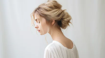 Kussenhoes Messy dreamy low bun hairstyle for woman. Female hairstyle free bun, copy space. © SnowElf
