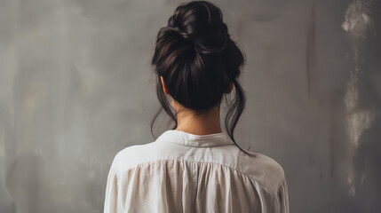 Messy dreamy low bun hairstyle for woman. Female hairstyle free bun, copy space.