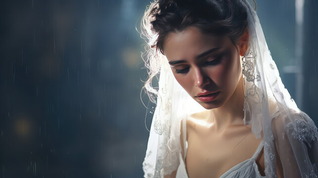 Sad bride in a white wedding dress. Unhappy young woman, failed marriage, forced wedding, family problems. 