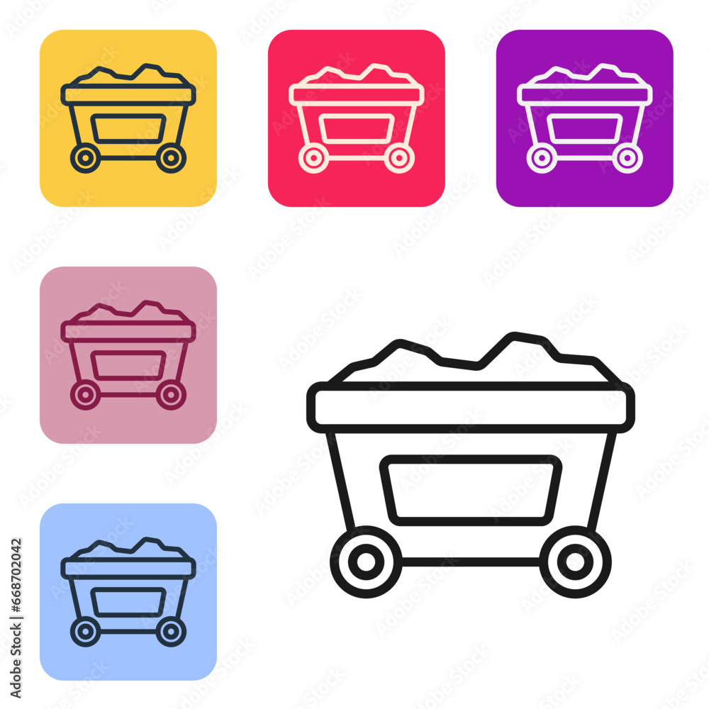 Poster black line mine cart with gold icon isolated on white background. set icons in color square buttons.