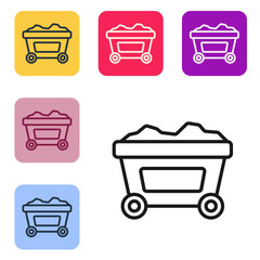 Black line Mine cart with gold icon isolated on white background. Set icons in color square buttons. Vector